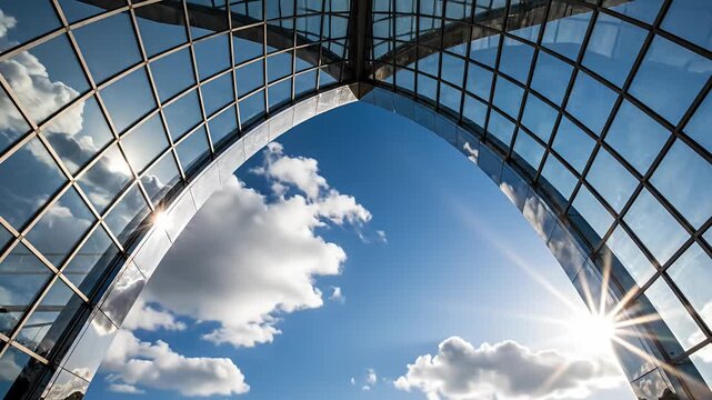 Modern glass arch reflecting blue sky with bright sun flare
