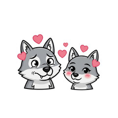 Obraz premium Cute cartoon gray wolf couple in love with pink hearts isolated PNG with Transparent Background