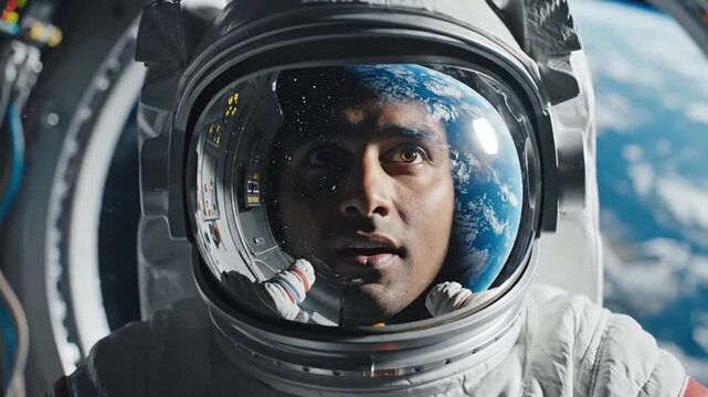 Astronaut Observes Earth. Astronaut Inside Capsule Concentrates On Controls With Earth In View. Asian Astronaut Inside Space Module Managing Instruments With Planet Reflected In Helmet Visor