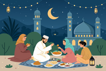 Depicting Joyful Muslim Community Celebrating Ramadan Eveni Dynamic Premium Digital Asset