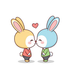Cute cartoon bunnies kissing with a pink heart, yellow and blue rabbits in love, romantic animal illustration isolated PNG with Transparent Background