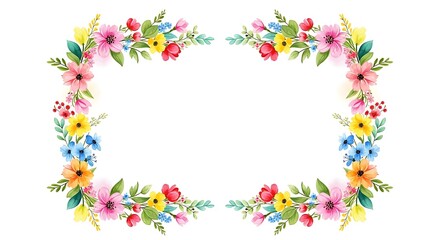 Fototapeta premium Vibrant floral border frame with colorful flowers and leaves