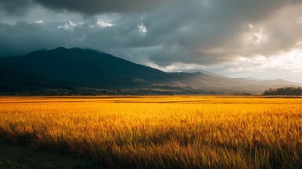 Golden rice fields under dramatic clouds and mountains at sunset, showcasing nature's beauty in harvest season with vibrant colors and serene landscapes