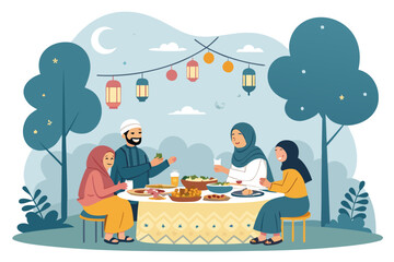 Muslim Family And Friends Enjoying Iftar Outdoors Professional Photo Perfect for Editorial Content