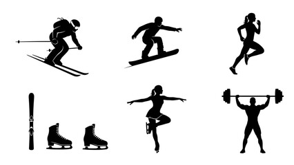Silhouettes of People Engaging in Winter Sports and Fitness