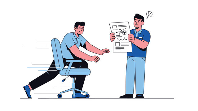 Employee rushes away on office chair, avoiding tasks as frustrated colleague holds document. Deadline pressure and procrastination.