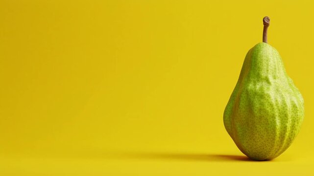 Deformed green pear on a bright yellow background symbolizing imperfection, natural diversity, and food authenticity in clean cinematic 4K motion.