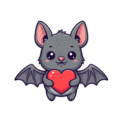 Cute cartoon baby bat holding a red heart illustration isolated PNG with Transparent Background