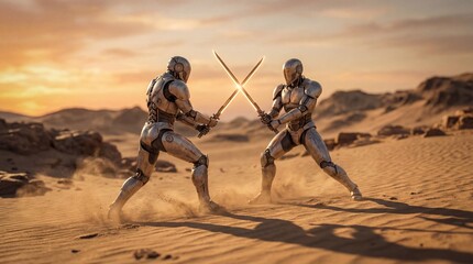 Epic duel of humanoid warriors battling in a desert landscape high-quality dramatic image ultrarealistic visuals