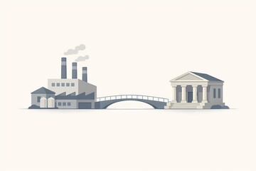 Naklejka premium Illustration representing government intervention in market economy showing bridge between industrial sector and parliament symbolizing regulation, policy control and economic governance