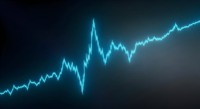 Abstract blue glowing financial data line graph showing market volatility and business trends on dark background.