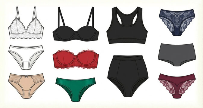 Collection of stylish women's lingerie, including bras and panties, presented in a flat lay arrangement