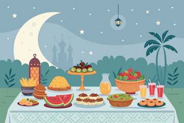 Depicting Ramadan Evening Meal With Fruits Desserts And Beautiful Creative Visual