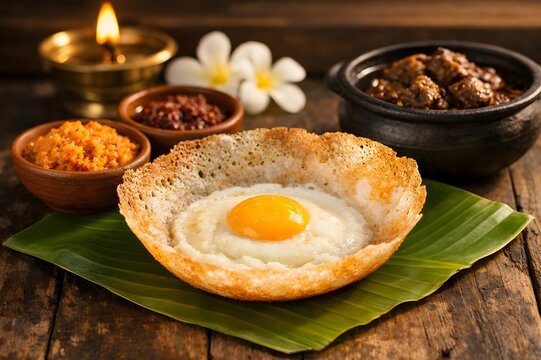 Authentic Sri Lankan egg hopper with traditional sambol and curries