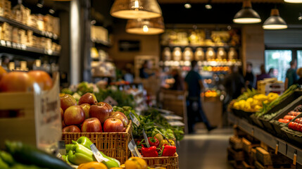 Obraz premium Busy Upscale Grocery Store Produce Section with Fresh Colorful Vegetables and Shoppers in Background, Fresh Colorful Tomatoes and Vegetables in Wooden Crates Busy Upscale Grocery Store Produce Market