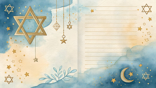 Watercolor prayer book background spiritual illustration, soft blue gold ivory and warm neutral tones, Star of David Jewish faith celebration and sacred holiday marketing with copy space