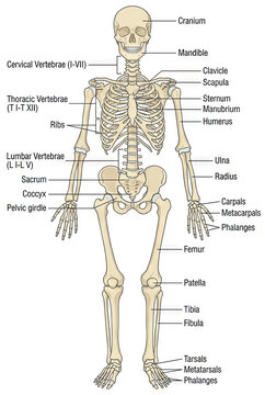 Skeletal System. Beige anatomical skeleton labeled with leader lines from cranium to phalanges. Generative AI