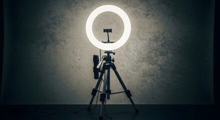 A ring light mounted on a tripod in a dark room