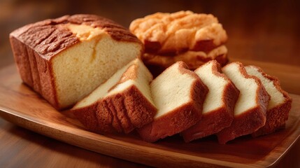 Freshly Baked Sliced Loaf Cake with Soft Texture and Golden Crust on Wooden Plate