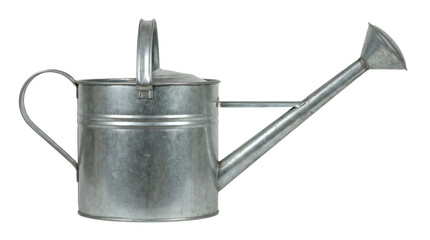 Vintage galvanized metal watering can, rustic garden tool for plant irrigation, isolated on transparent background