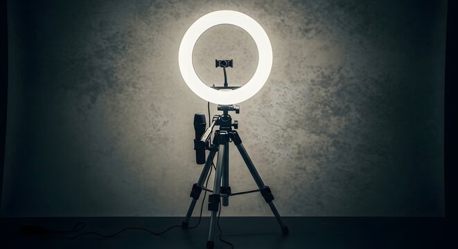 A ring light mounted on a tripod in a dark room