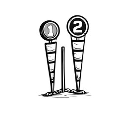 Hand-drawn construction marking stakes illustration in black and white sketch style representing site measurement tools isolated on white.
