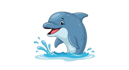 Obraz premium Cartoon dolphin jumping out of water with playful expression and splashing waves blue ocean creature isolated on white background vibrant illustration
