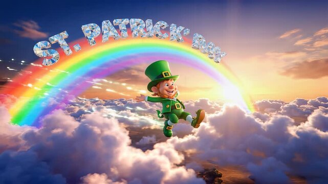 Animated leprechaun jumping in cloudy sky with rainbow and crystal St Patrick's Day text