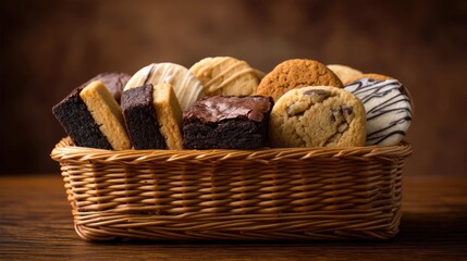 Assorted Cookies and Brownies in a Woven Basket on a Wooden Table Surface