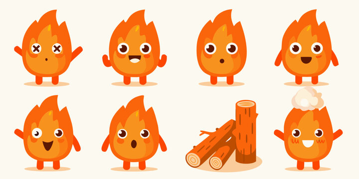 Cute cartoon flames with expressive faces and a small campfire scene