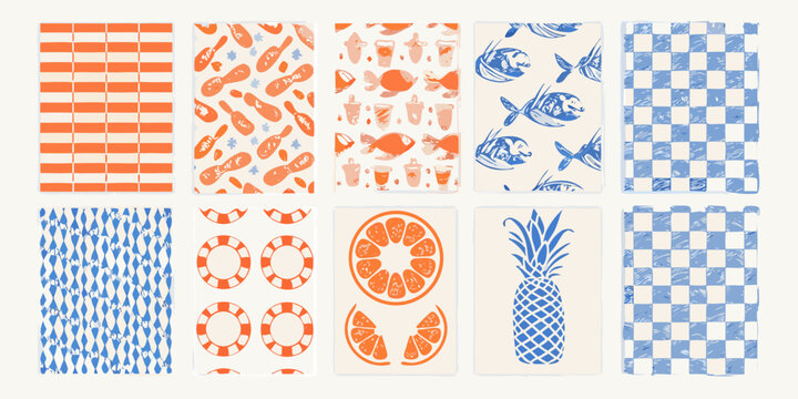 A collection of illustrated cards featuring various food and pattern designs