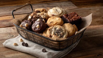 Fototapeta premium Freshly Baked Assorted Cookies in Rustic Wire Basket Placed on Wooden Table Surface with Brown Paper Lining