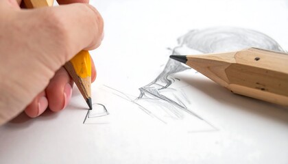 Close-up of a hand drawing with a pencil on white paper.