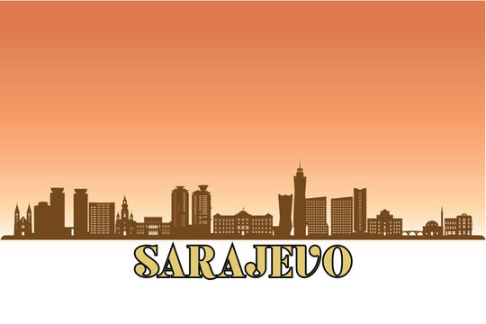 Global city Sarajevo shown in a detailed vector skyline with a golden hour sky