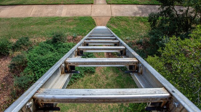 POV Shot From the Top of a Ladder Looking Down at a Grass Area and Driveway Below on a Sunny Day