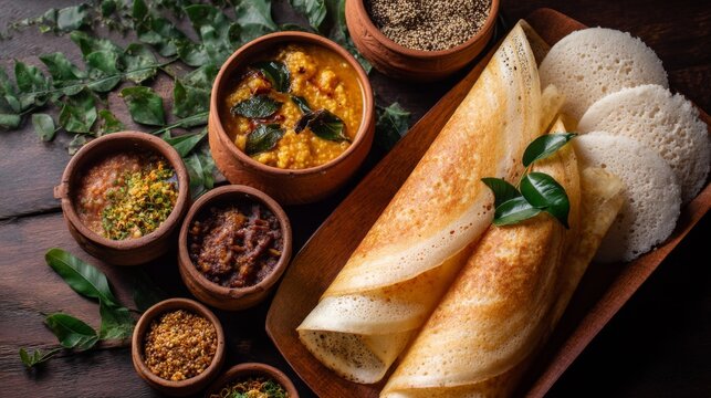 Authentic South Indian Cuisine featuring Dosa, Idli, Sambar, and Variety of Chutneys with Fresh Curry Leaves on a Wooden Table