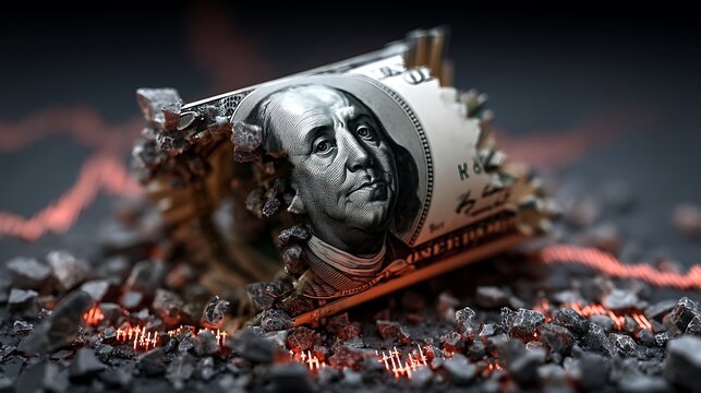 A crumpled banknote emerging from fiery coals, surrounded by burning embers and sparks.