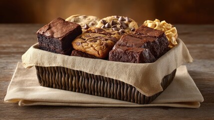 Fototapeta premium Assorted baked goods including brownies, cookies, and snack treats in a rustic basket on a wooden table