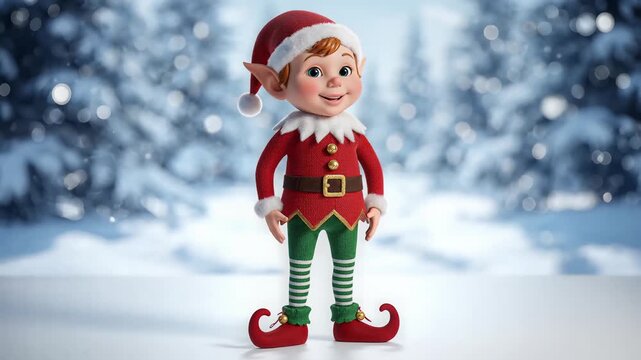 Cute 3D animated Christmas elf standing in snowy winter forest with festive mood