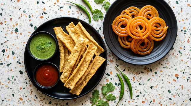 Aesthetic Jalebi Fafda with Chutney &ndash; Traditional Indian Street Food Platter AI Image
