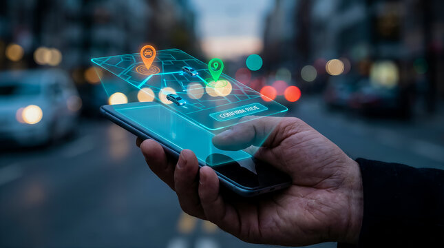 Man Using Smartphone for AI Ride Sharing and Car Hailing App with Digital Map and Location Tracking Concept
