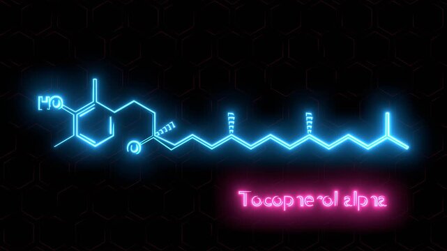 Alpha tocopherol molecule structure. Vitamin E. Healthy lifestyle and supplements. Neon glowing.