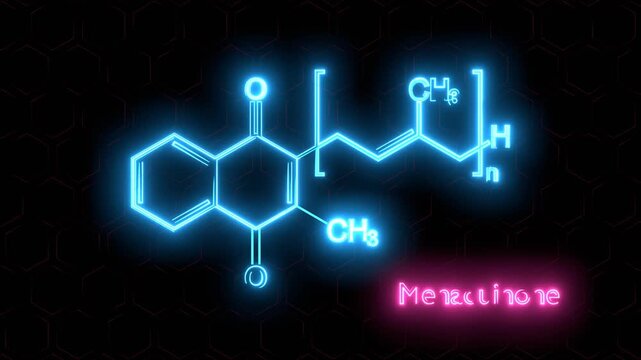 Vitamin K2 or menaquinone molecule. Skeletal formula. Menaquinone for treatment of diseases and prevention. Vitamin for beauty and health of skin. Neon glowing.