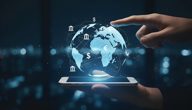 A hand holds a smartphone displaying a glowing digital globe with financial symbols, representing global online banking and international money transfers.