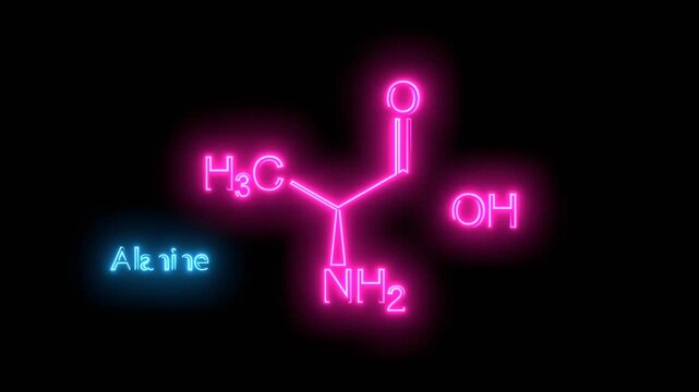 Chemical structures of amino acid alanine. Alanine is an amino acid. Neon glowing.