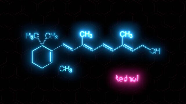 Retinol structural formula, vitamin A. Medical science concept. Neon glowing.