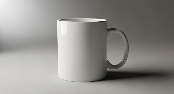 A close-up of an empty white mug mockup with a glossy ceramic texture. A mockup for creative branding design.