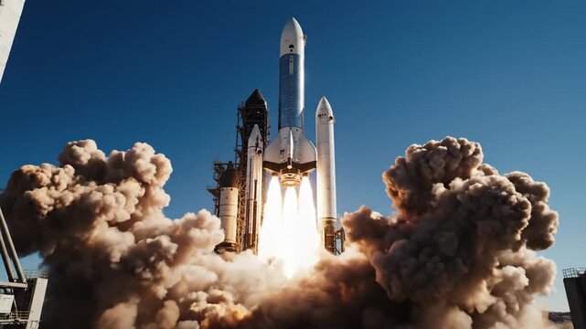 A powerful rocket blasts off from a launchpad into a clear blue sky, generating immense fire and smoke in a dynamic, high-energy daytime shot.