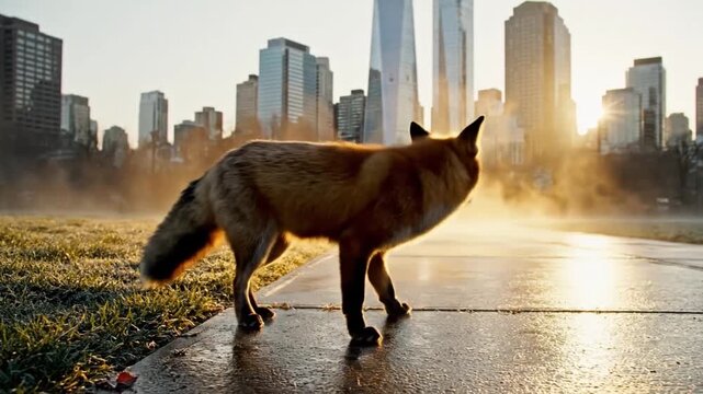 Urban Fox Surveys City Environment. Nighttime Urban Fox Investigates And Navigates City Surroundings Carefully. City Fox Actively Explores And Carefully Examines Urban Environment During Night