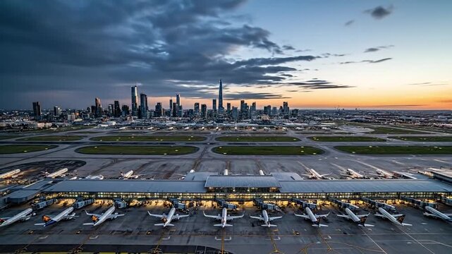 Twilight Time At Busy Urban Airport Scene. Dusk Settles Over Crowded Airport With Aircraft And Cityscape. Sunset Illuminates Bustling Airport Environment With Aircraft In Front Of City Skyline